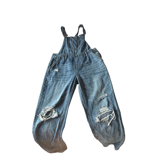 Risen Jeans Distressed Denim‎ Overalls Women's Size Medium Blue Relaxed Fit - Picture 3 of 7